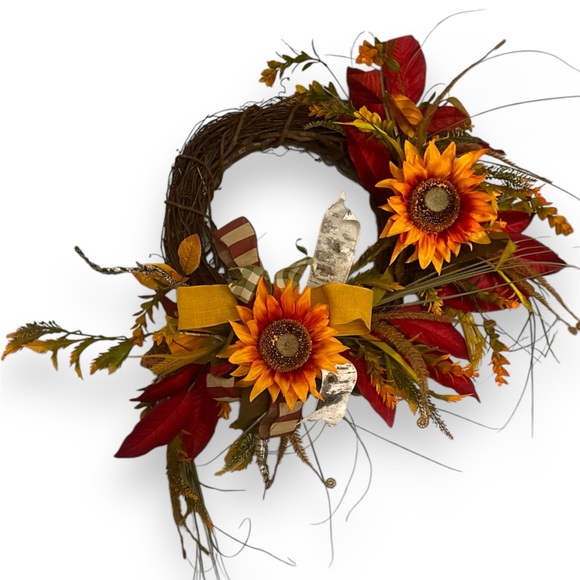 Sunflower Foilage and Bow Large Hanging Fall Wreath for Door or Wall Home Decor - Picture 4 of 13